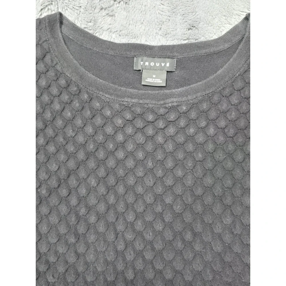 Trouve Black Popcorn Knit Mixed Media Sweater Crew Neck Women Medium HL288971